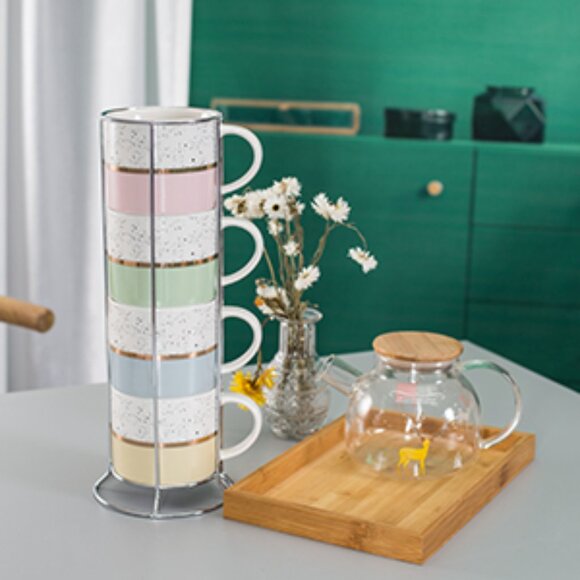 Hasense Stackable Coffee Mugs Set of 4 with Rack | Multicolor Speckled - Picture 3 of 3